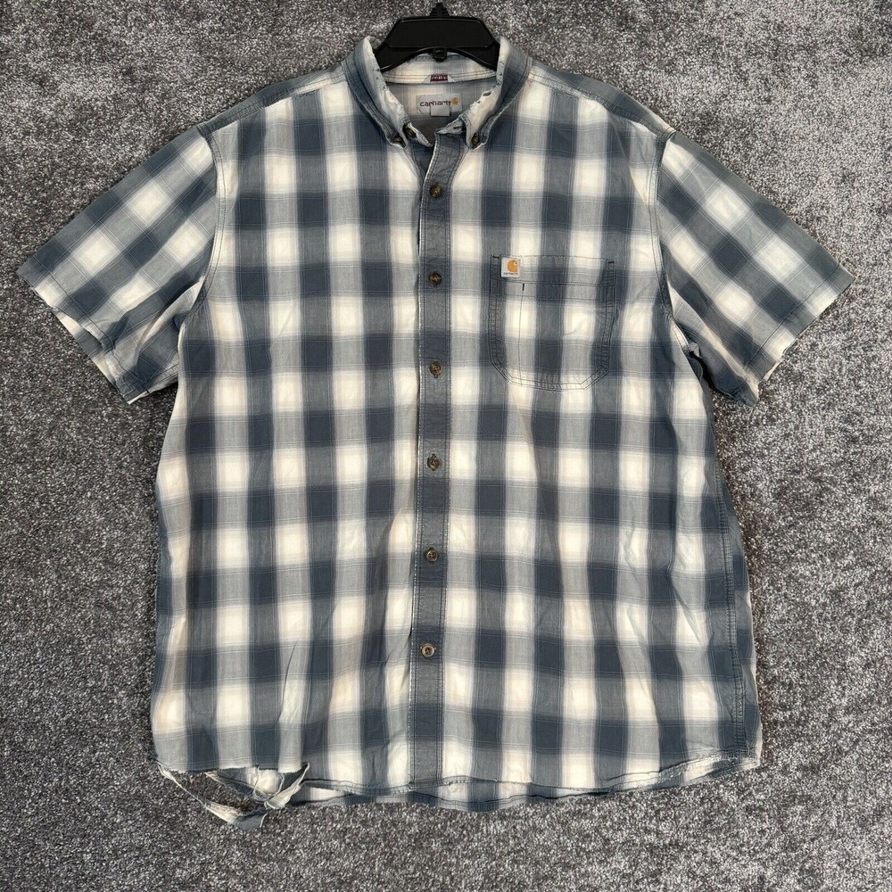 Carhartt‎ Shirt Mens 2XL Plaid Short Sleeve Distressed Grunge Workwear Barn Farm